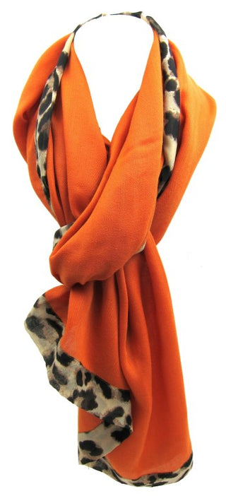 fashion scarf, leopard print, burnt orange, elegant scarf, stylish, oblong scarf, ladies scarf, fashion accessories, female fashion scarf