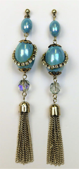 Buy light-blue 5A062-Drop Earrings with Chain Tassel