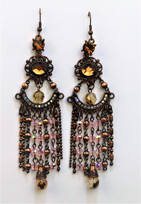 5H278-Bronze Beaded Chandelier Earrings