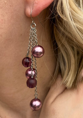 5T034-Silver Chain Beaded Earrings