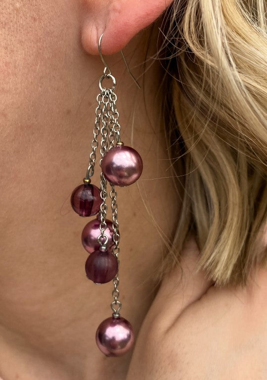 5T034-Silver Chain Beaded Earrings