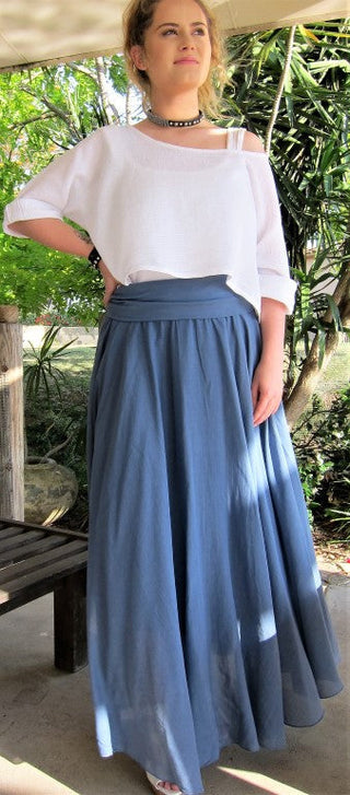 Denim Ladies Italian Cotton Flexible Size Flowing Maxi Skirt, Comfortable and Stylish, One size, Made in Italy.