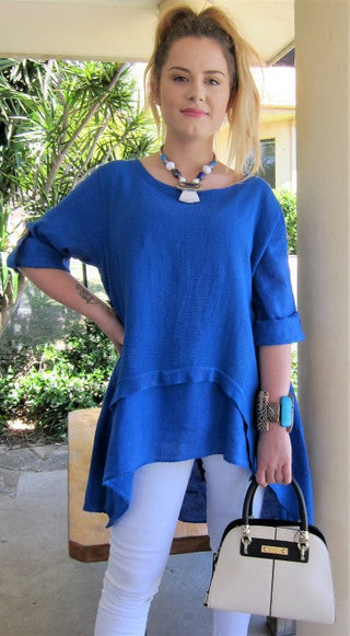 Quality Colourful Breezy Linen Top , Natural Fibres, Quality Linen Clothing, Made in Italy, Italian Linen Stylish Designer Overlay Top Cobalt Blue