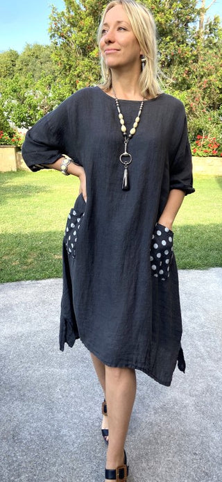 Buy slate L240-Conti Moda Italian Linen Dress With Polkadot Pockets