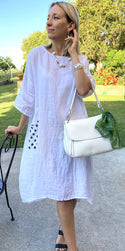 L240-Conti Moda Italian Linen Dress With Polkadot Pockets