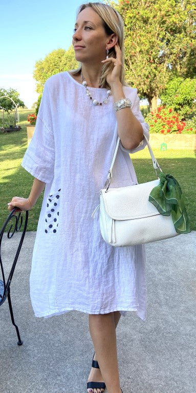 L240-Conti Moda Italian Linen Dress With Polkadot Pockets