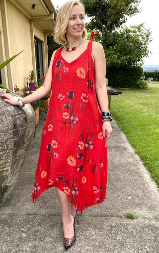 Buy red L241-Italian Linen Floral Pattern Dress
