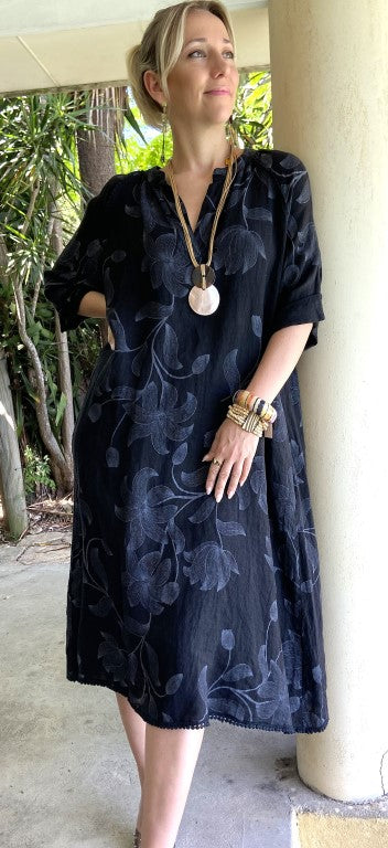 L243-Conti Moda Italian Linen Floral Pattern Dress