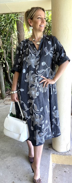 Buy slate L243-Conti Moda Italian Linen Floral Pattern Dress