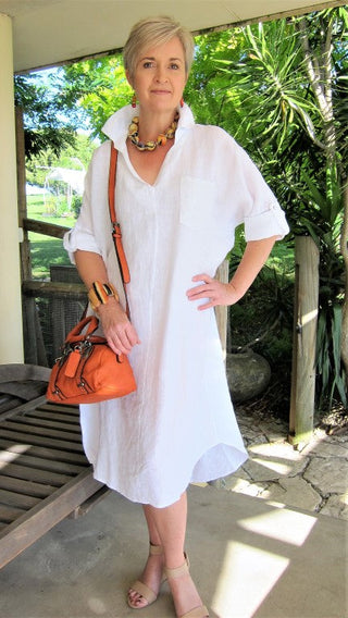 Buy white L577-Conti Moda Italian Natural Linen Dress