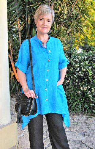 Buy turquoise L590-Conti Moda Clever Italian Linen Shirt/Jacket