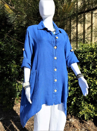 Buy cobalt L591-Conti Moda Italian Linen Shirt/Jacket With Collar