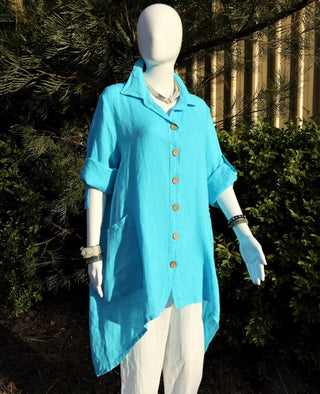 Buy turquoise L591-Conti Moda Italian Linen Shirt/Jacket With Collar