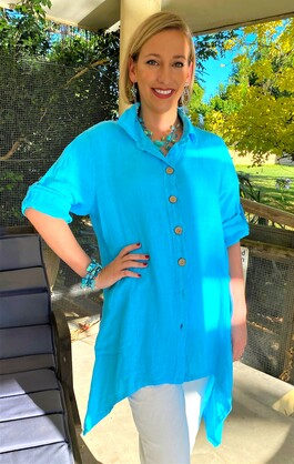 Buy turquoise L591-Conti Moda Italian Linen Shirt/Jacket With Collar