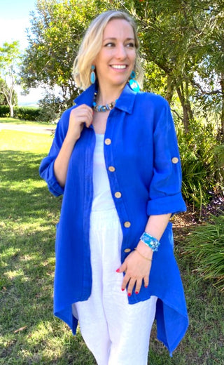 Buy cobalt L591-Conti Moda Italian Linen Shirt/Jacket With Collar