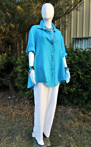 Buy turquoise L652-Conti Moda Italian Linen Versatile Shirt or Light Jacket