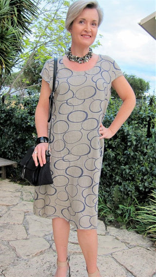 italian linen dress, linen clothing, dress, linen, made in italy, taupe colour dress, pattern dress, circular pattern dress