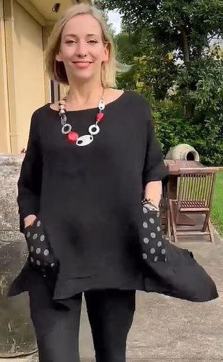 Buy black L930 Italian Linen Top With Polkadot Pockets