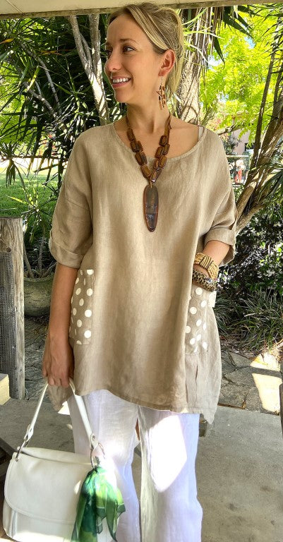 L930 Italian Linen Top With Polkadot Pockets
