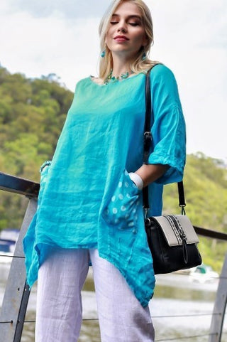 Buy turquoise Italian Linen Top With Polkadot Pockets -L930