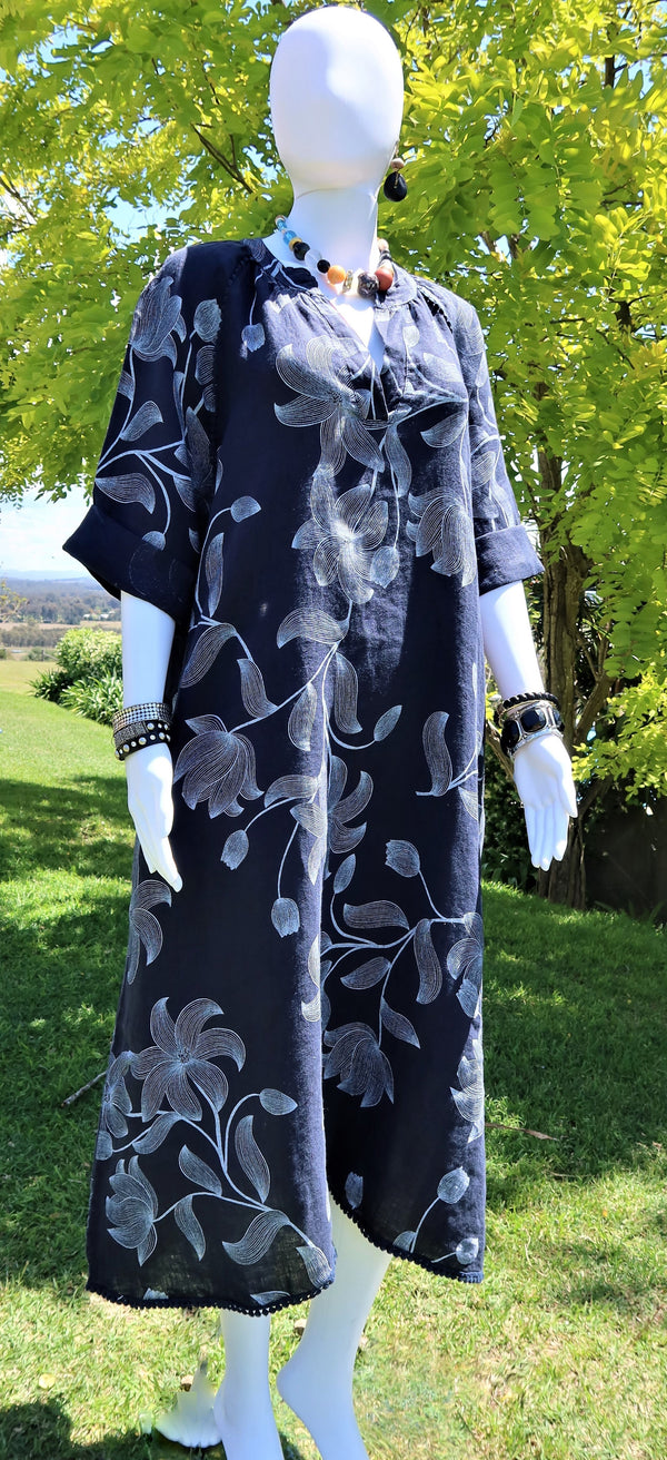 Italian Linen Floral Pattern Dress for women, Navy Italian linen dress, linen dress, floral pattern dress, made in Italy, Summer, Flowing dress