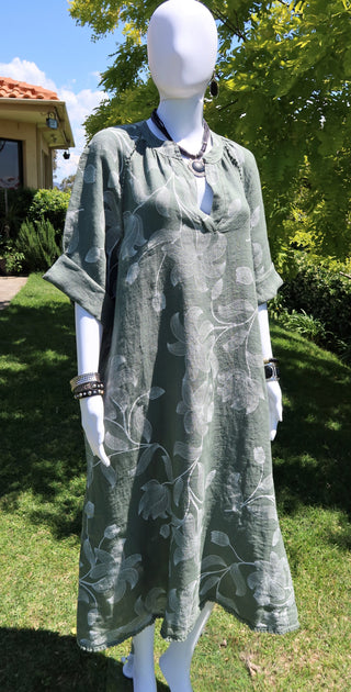 Italian Linen Floral Pattern Dress for women, Sage Italian linen dress, linen dress, floral pattern dress, made in Italy, Summer, Flowing dress