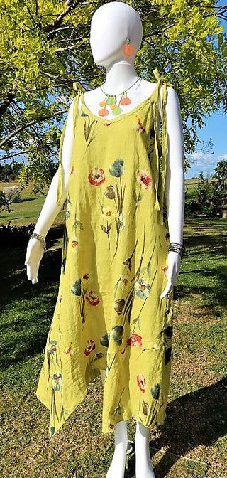 Italian Linen Floral Pattern Dress for women, Mango Italian linen dress, linen dress, made in Italy, Tie up strap dress, Summer, Flowing dress