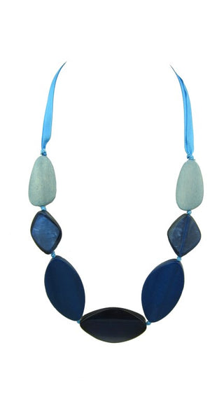 2F015-Blue Beaded Necklace With Ribbon Cord