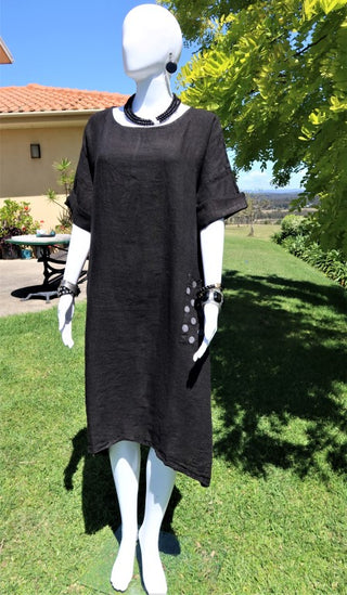 Buy black L240-Conti Moda Italian Linen Dress With Polkadot Pockets